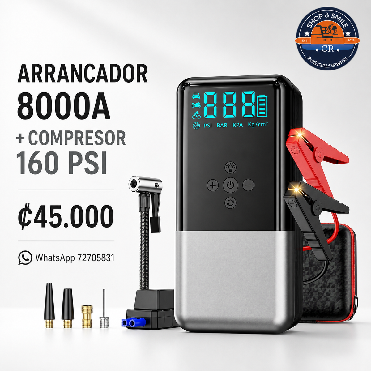Arrancador de batería portátil 8000A con compresor de aire de 160 PSI, accesorios, precio y contacto de Shop and Smile Costa Rica