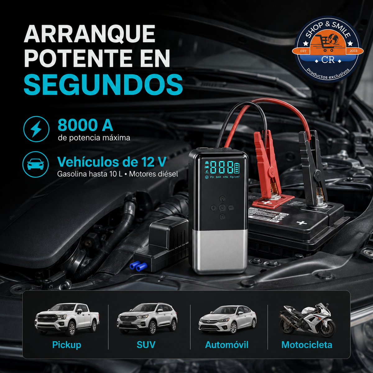 Arrancador de batería 8000A conectado a un vehículo de 12 V mediante pinzas inteligentes