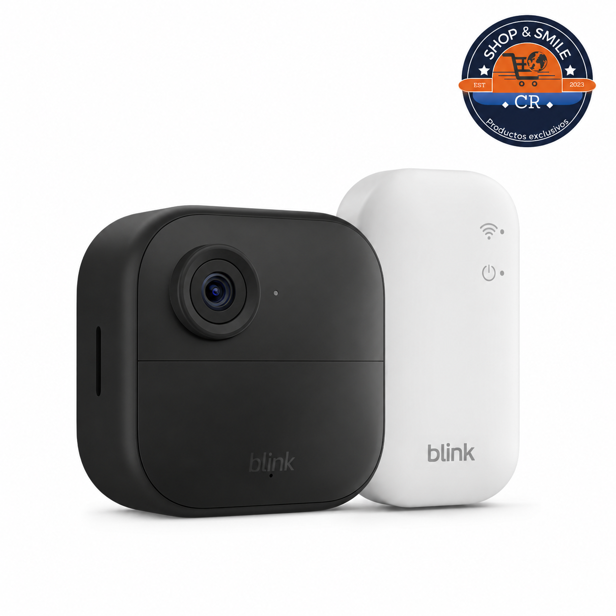 Cámara Blink Outdoor 4 con Sync Module incluido y logo de Shop and Smile CR