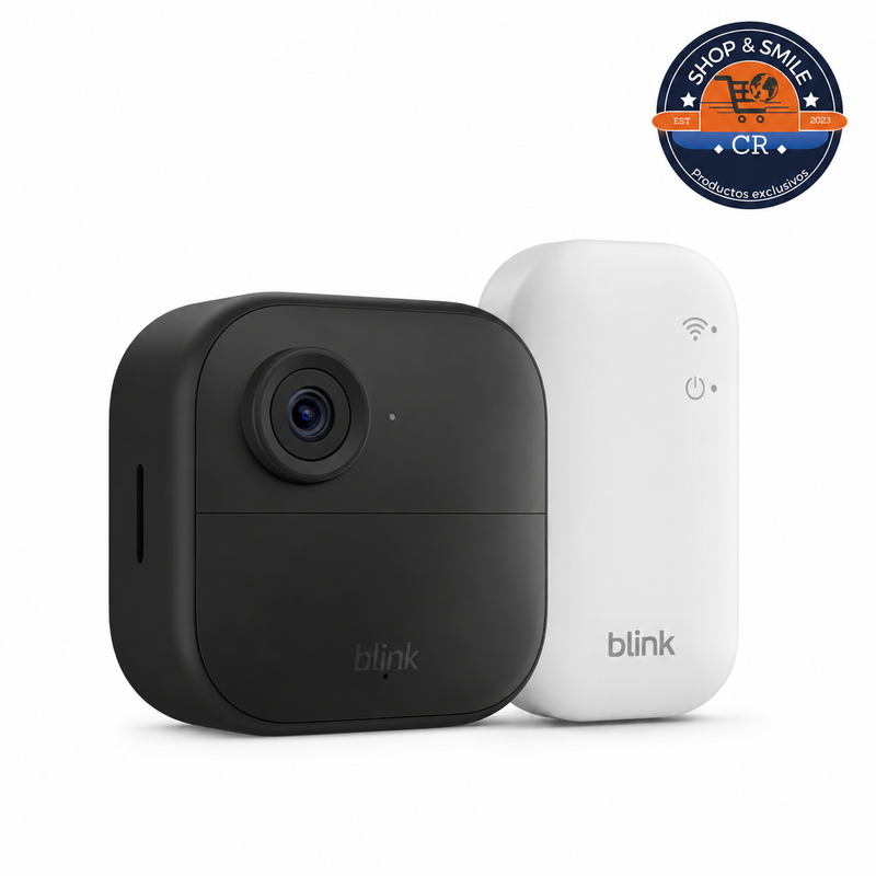 Cámara Blink Outdoor 4 con Sync Module incluido y logo de Shop and Smile CR