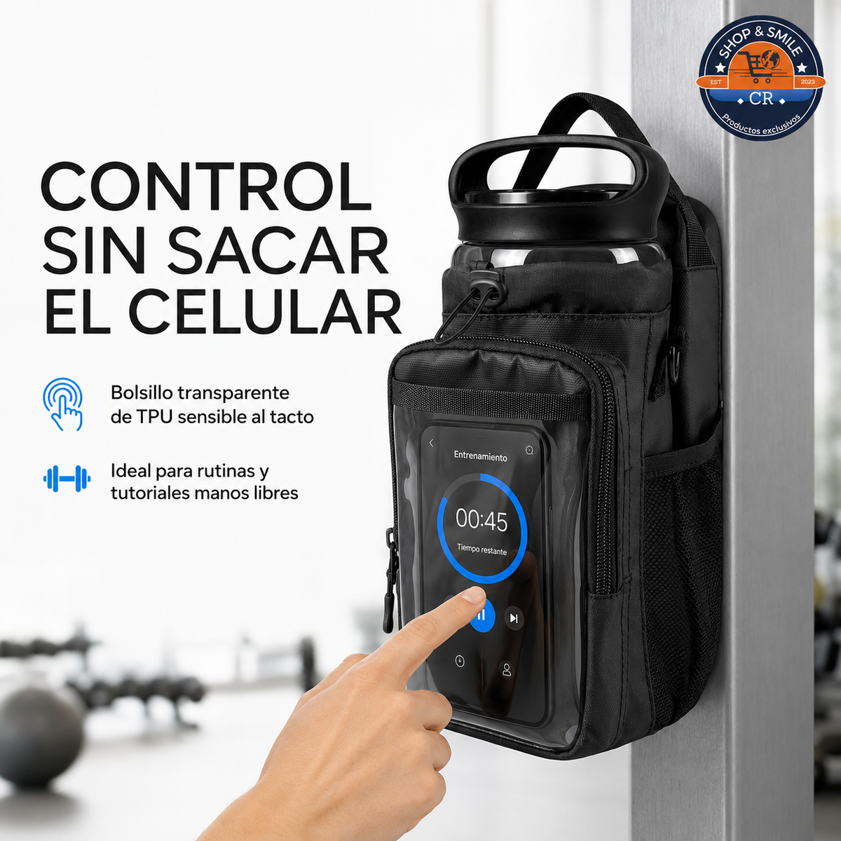 Bolsa JACZZO con bolsillo transparente de TPU que permite utilizar el celular sin retirarlo