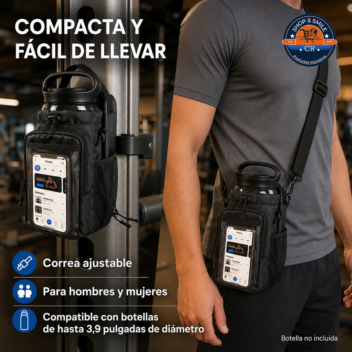 Bolsa magnética compacta con correa ajustable para hombres y mujeres y espacio para botella