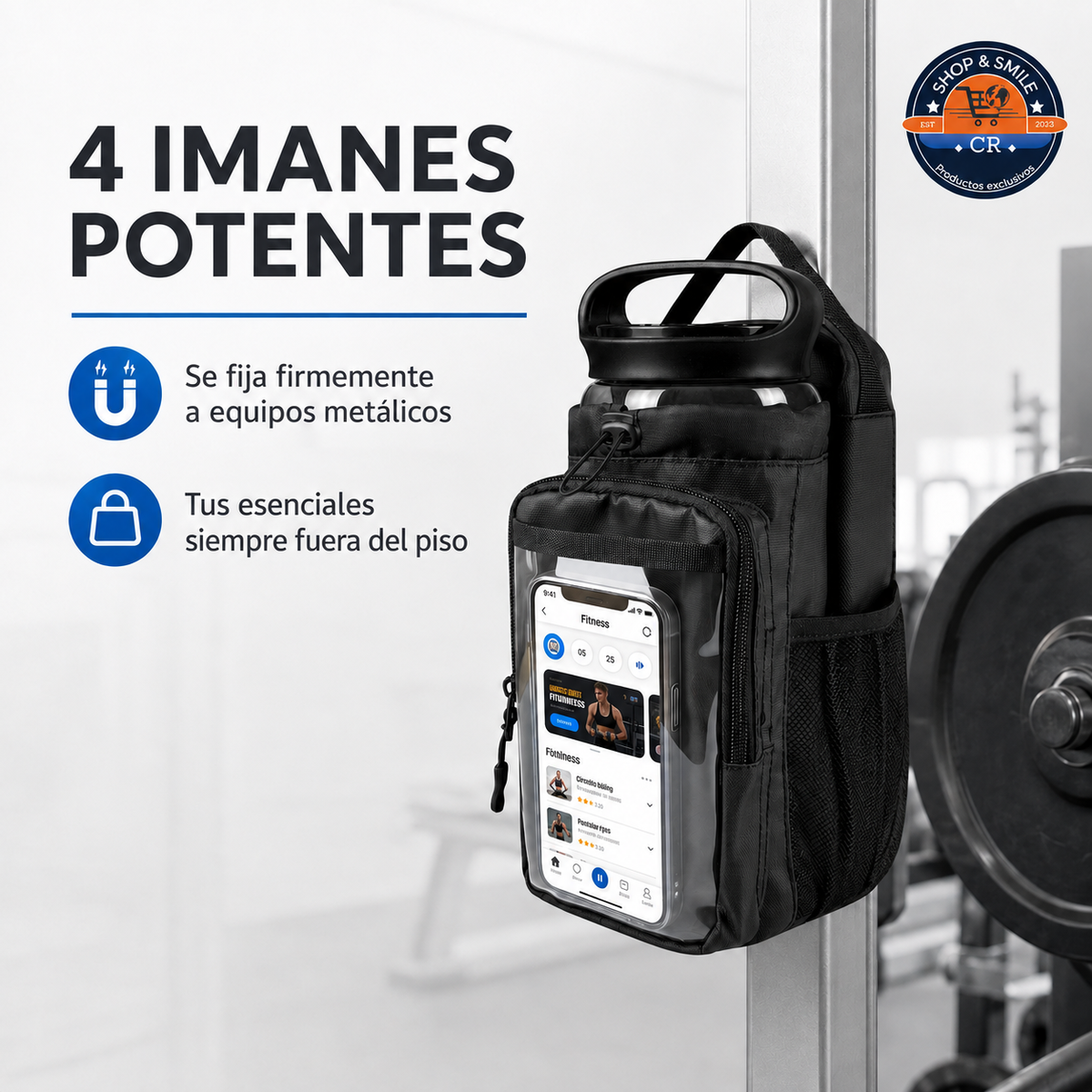 Bolsa magnética para gimnasio fijada a un equipo metálico mediante cuatro imanes fuertes