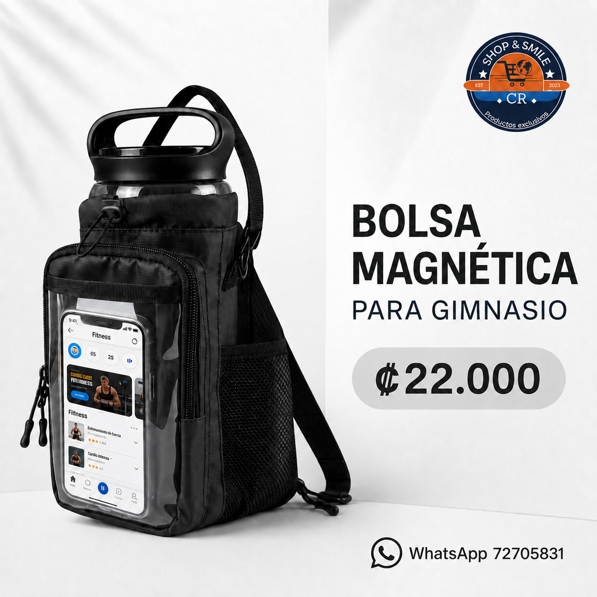 Bolsa magnética JACZZO negra para gimnasio con espacio para botella, bolsillo transparente para celular, precio y contacto de Shop and Smile CR