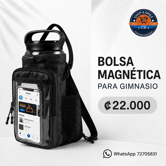Bolsa magnética JACZZO negra para gimnasio con espacio para botella, bolsillo transparente para celular, precio y contacto de Shop and Smile CR