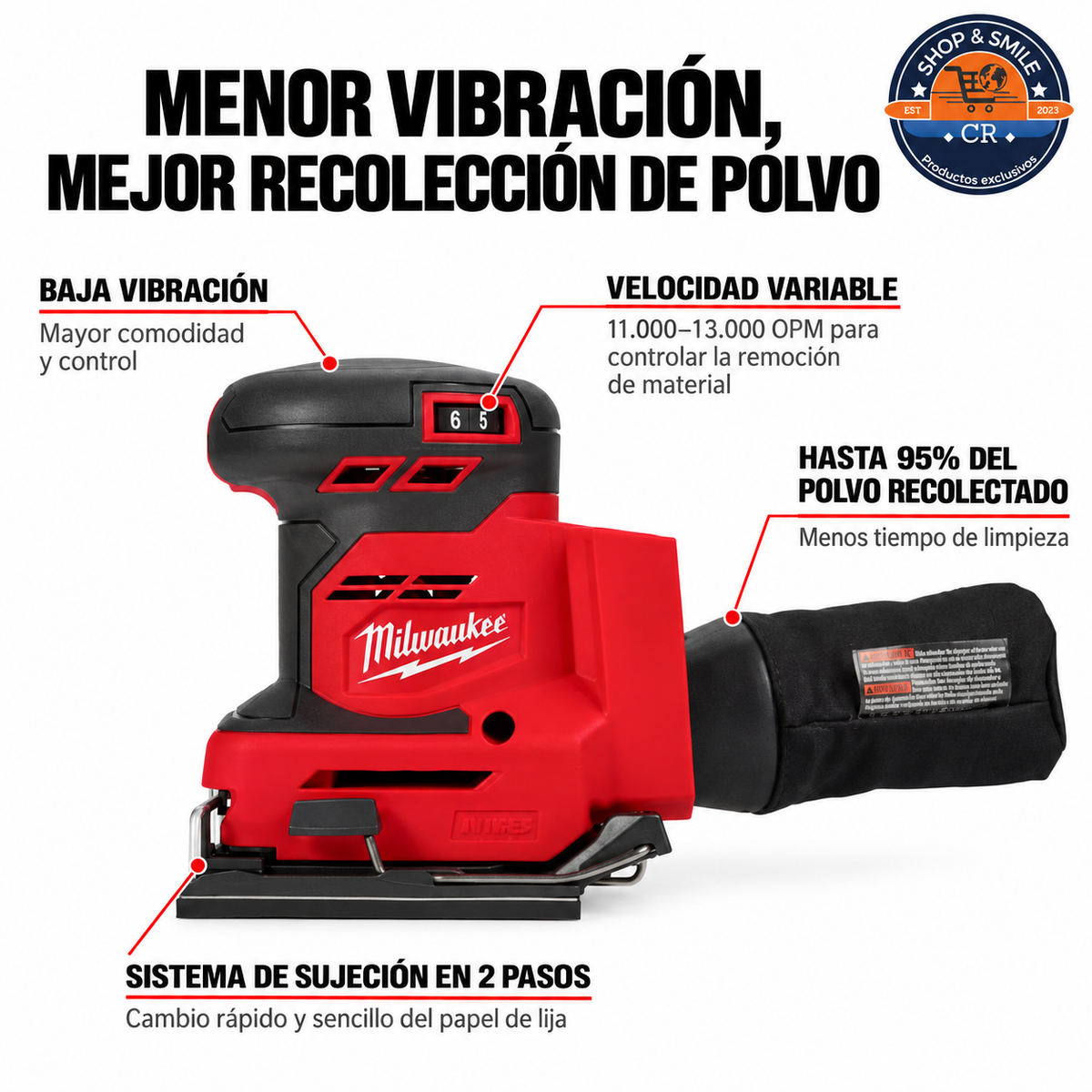 Características de la lijadora Milwaukee M18 con baja vibración y recolección de polvo