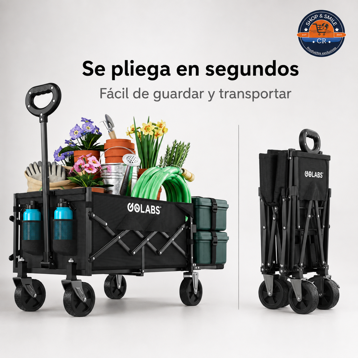 Carrito GOLABS con compuerta trasera abatible y almacenamiento expandible de hasta 100 litros.