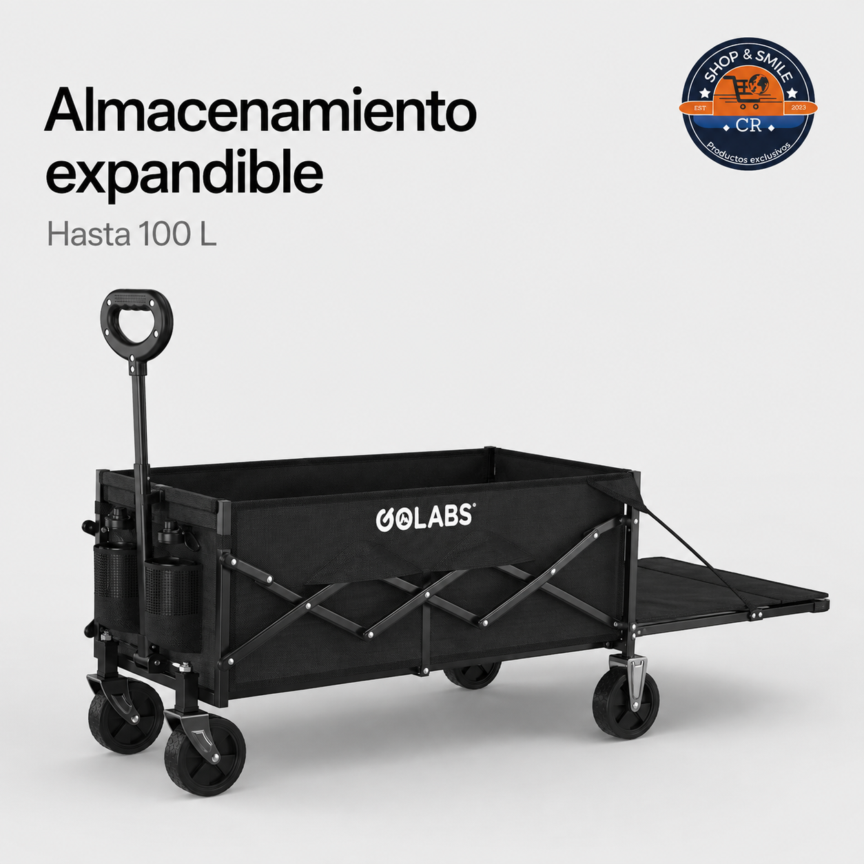 Carrito GOLABS abierto y plegado, fácil de guardar y transportar en pocos segundos.