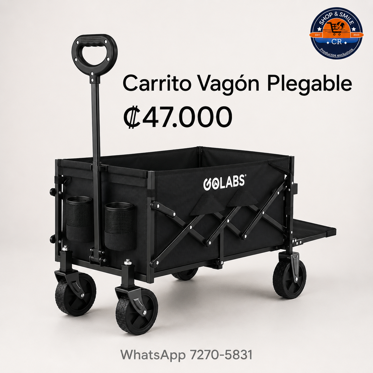 Carrito vagón plegable GOLABS negro con almacenamiento expandible, precio de 47.000 colones.