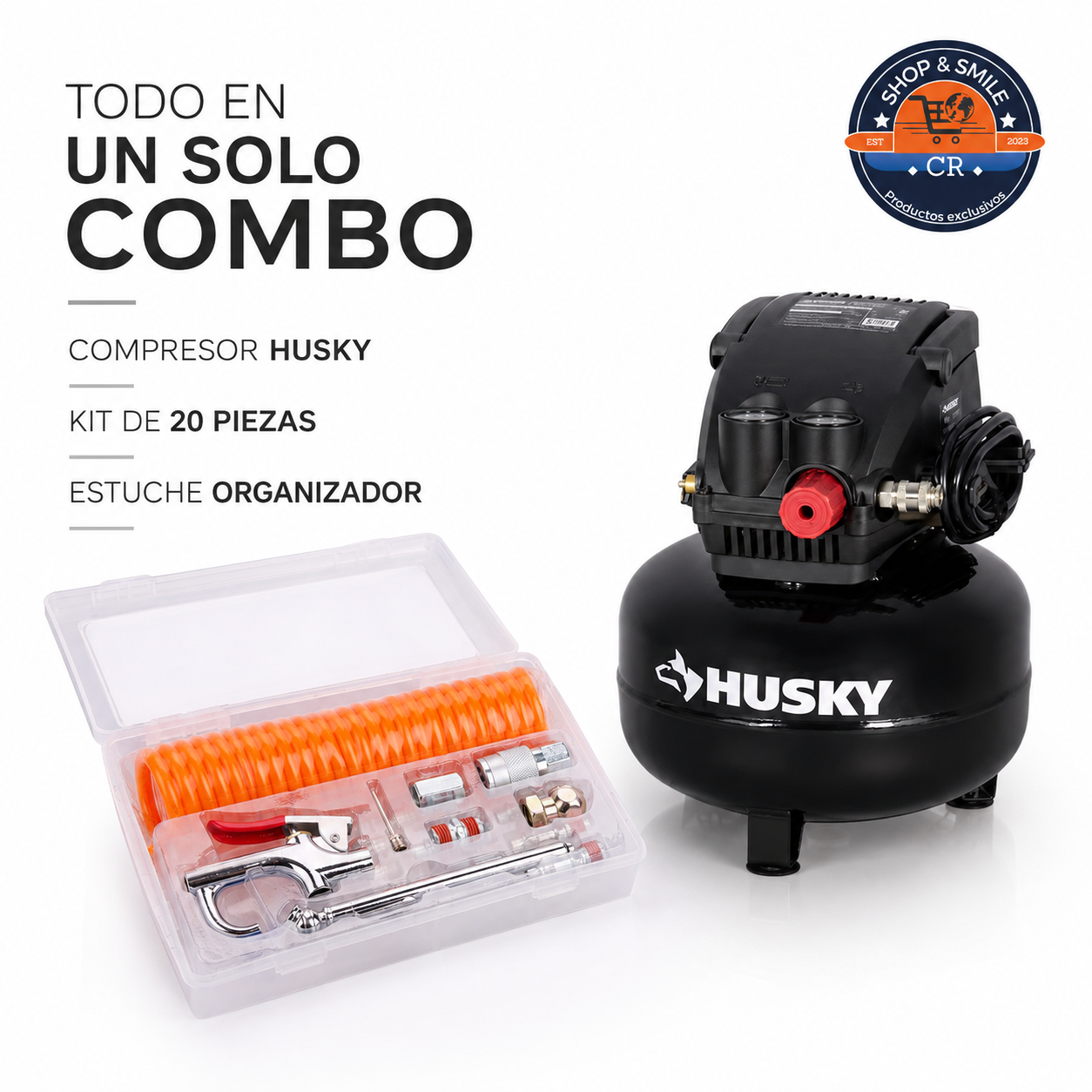 Combo de compresor Husky de 3 galones y 120 PSI con kit de 20 accesorios Costa Rica