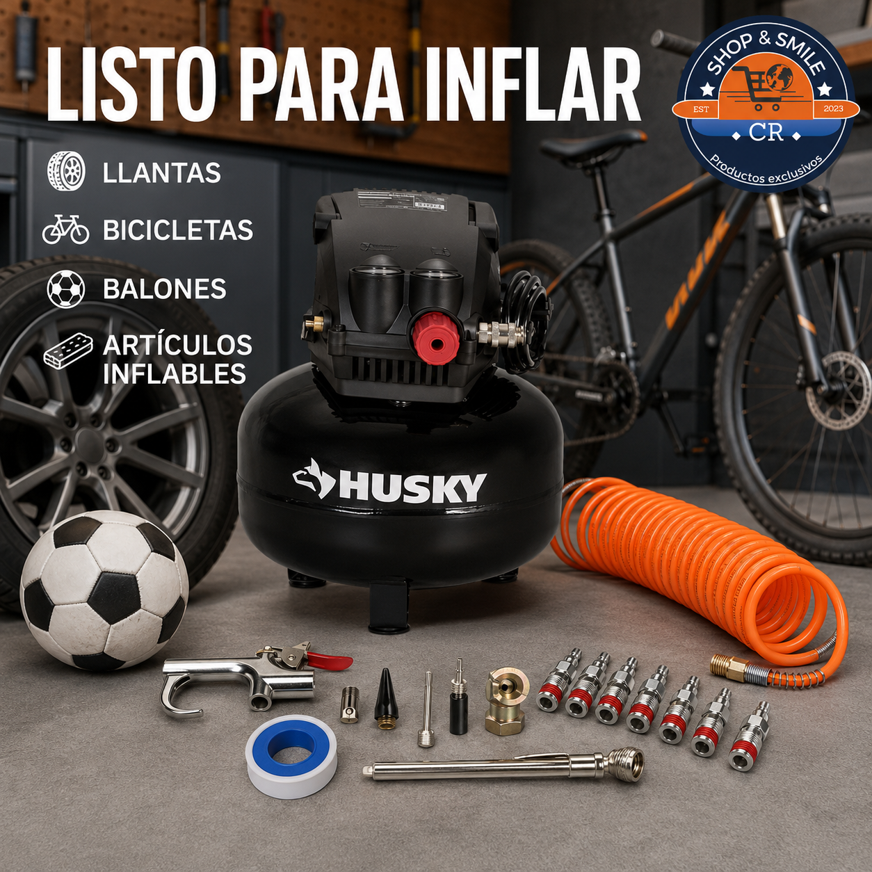 Combo Husky recomendado para inflar llantas, bicicletas, balones y artículos inflables