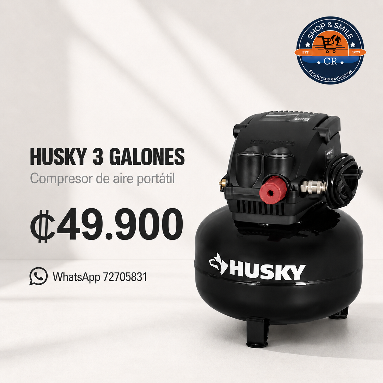 Compresor de aire portátil Husky de 3 galones y 120 PSI disponible en Costa Rica