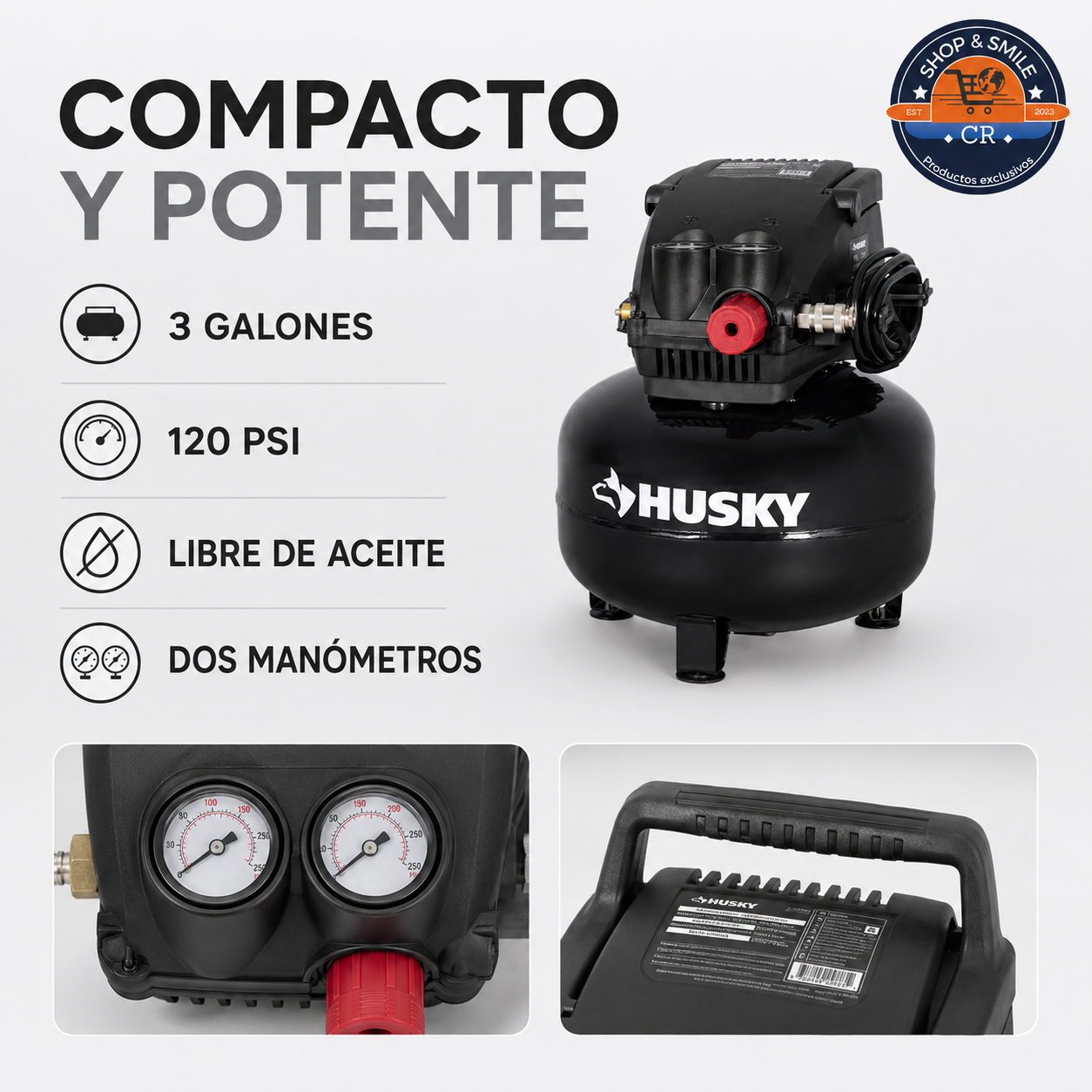 Compresor Husky acompañado de kit de 20 piezas dentro de su estuche organizador