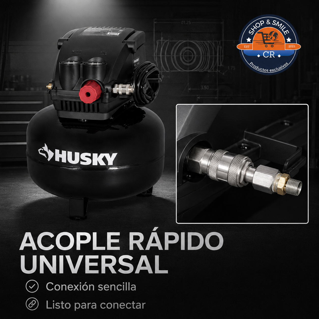 Compresor Husky compacto de aproximadamente 16 libras con manija plegable para transportarlo