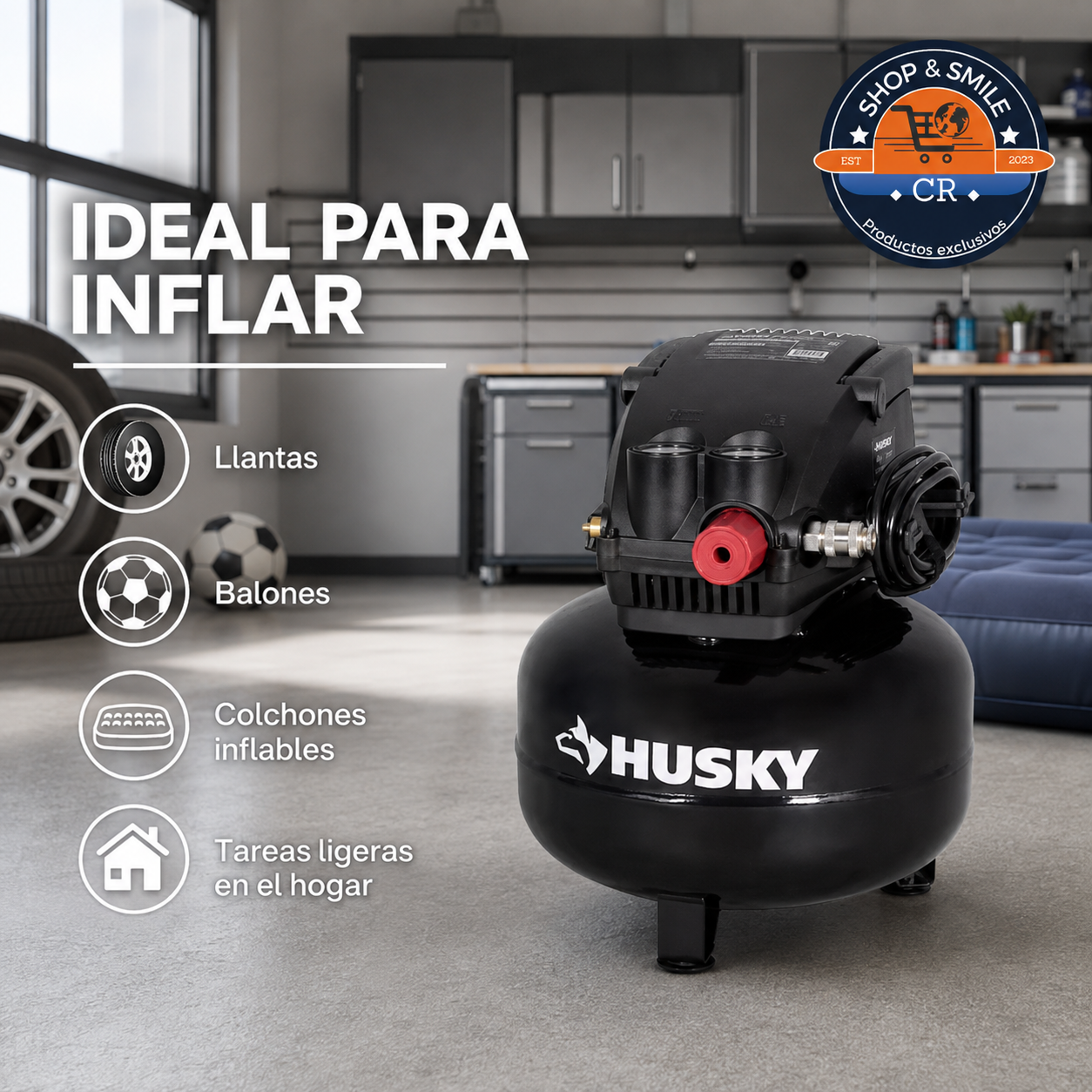 Compresor Husky con tanque de 3 galones, presión máxima de 120 PSI y dos manómetros