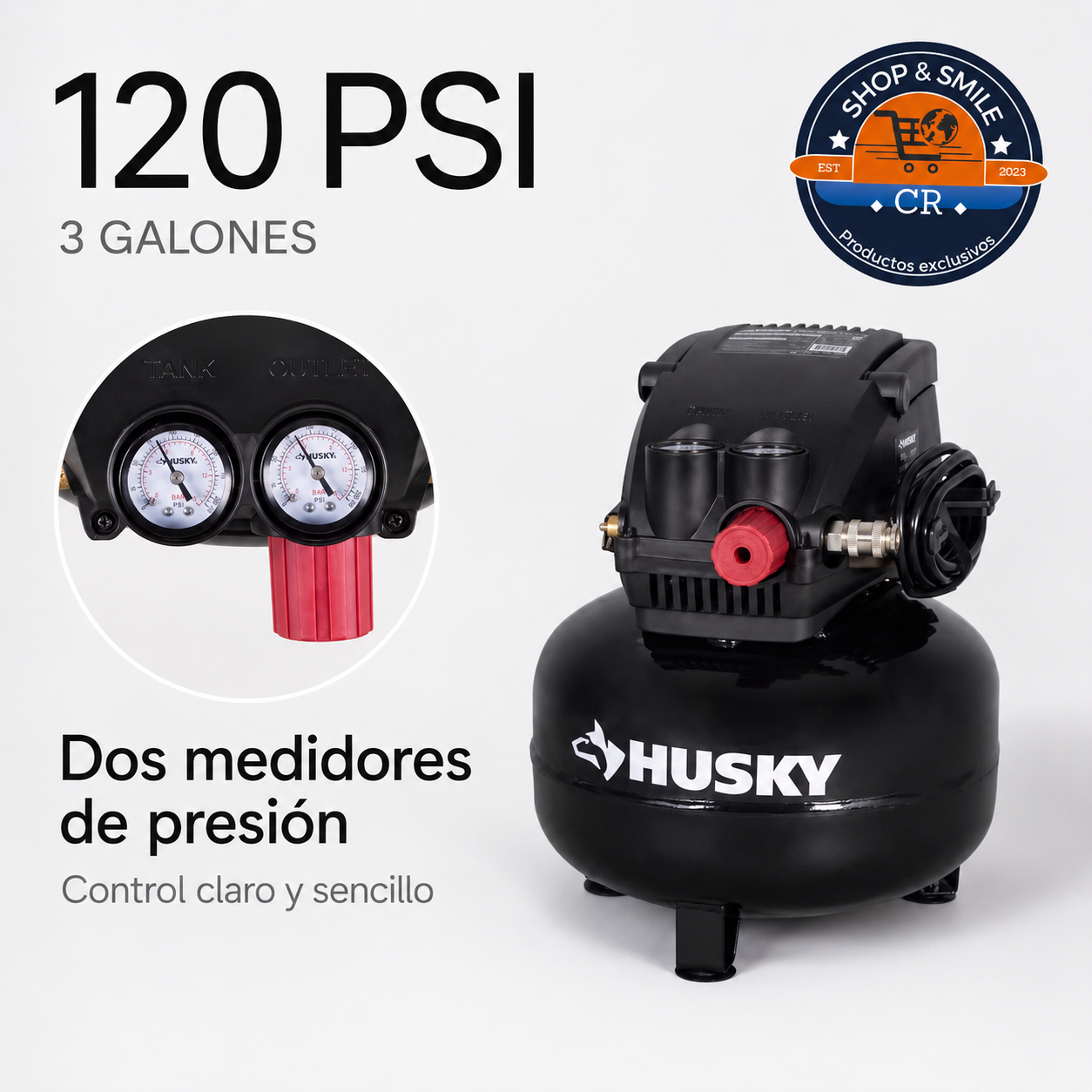 Compresor portátil Husky para inflar llantas, bicicletas, balones y artículos inflables