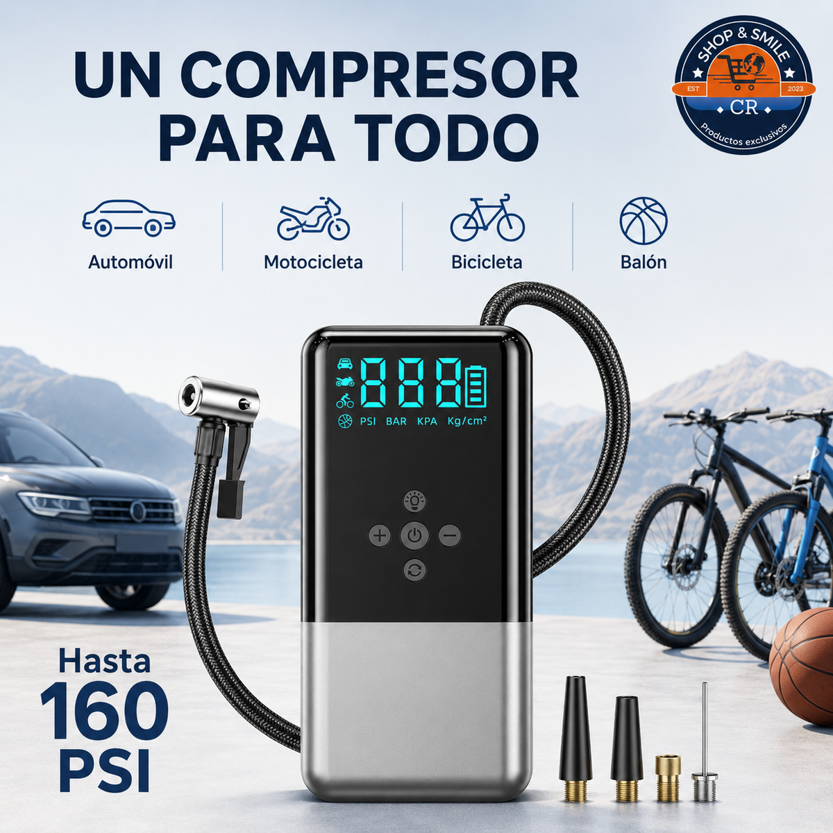 Compresor portátil de 160 PSI para inflar llantas de automóvil, motocicleta, bicicleta y balones