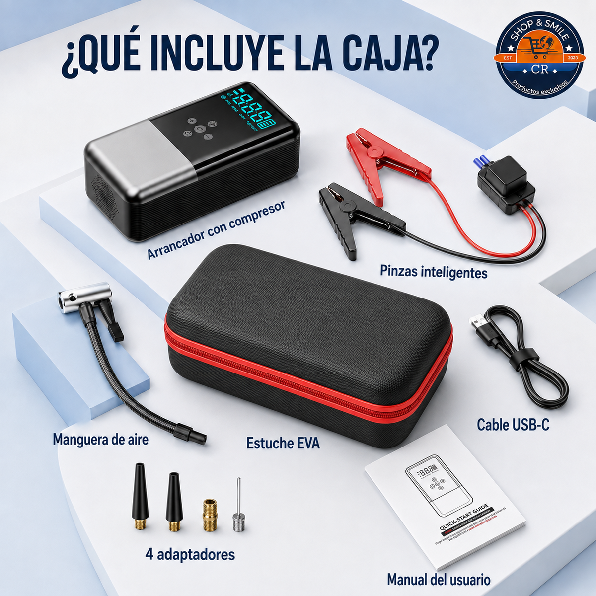 Contenido del arrancador CYD40 con compresor, estuche EVA, pinzas inteligentes, manguera, adaptadores, cable USB C y manual