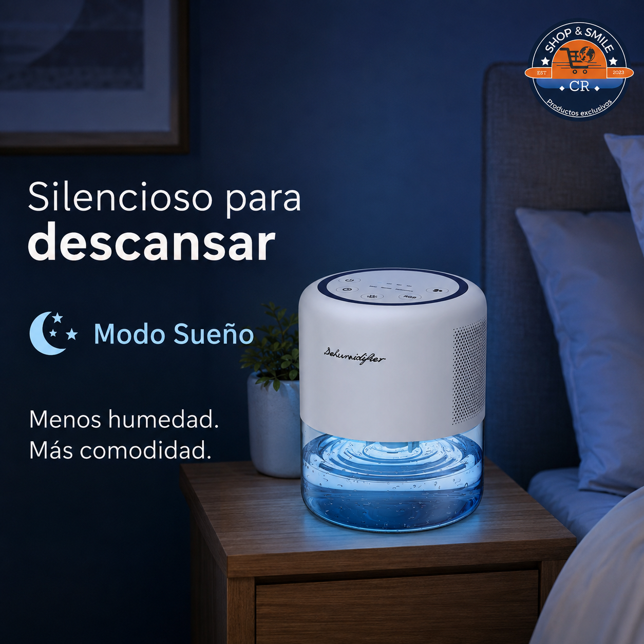 Deshumidificador silencioso Windangel funcionando junto a una cama