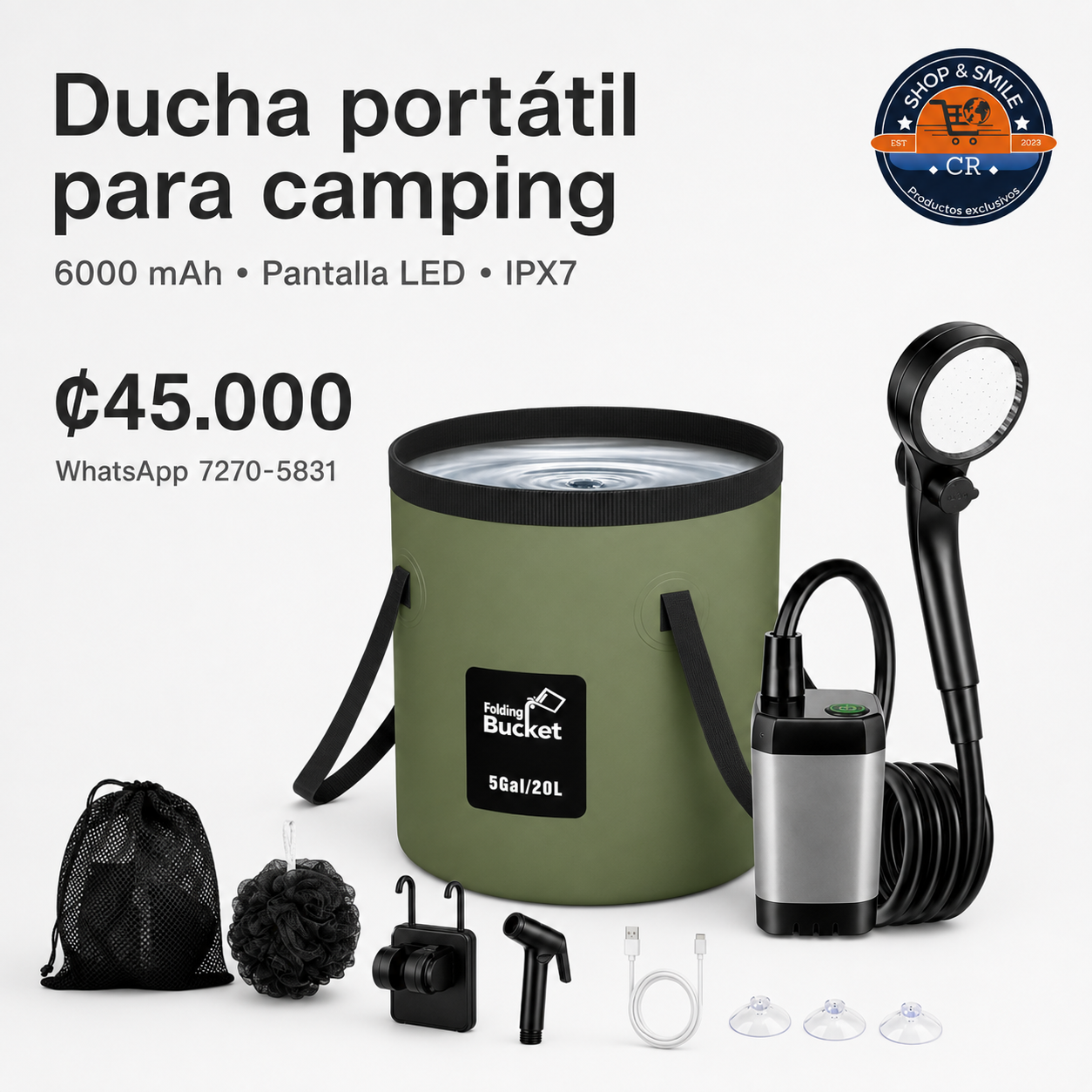Ducha portátil para camping con batería de 6000 mAh, cubo plegable de 20 litros, pantalla LED y accesorios.
