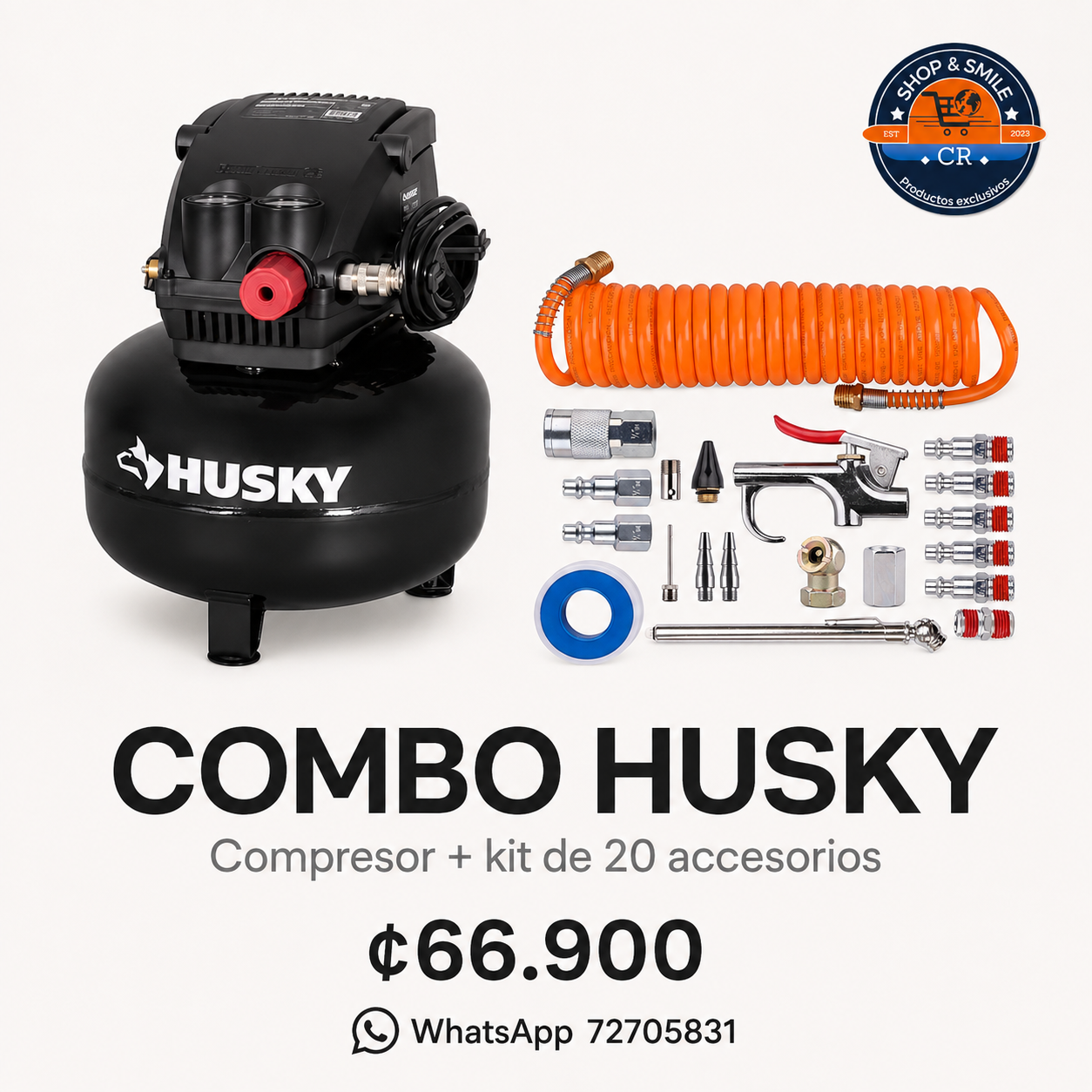 Compresor Husky conectado a la manguera retráctil junto al estuche con 20 accesorios
