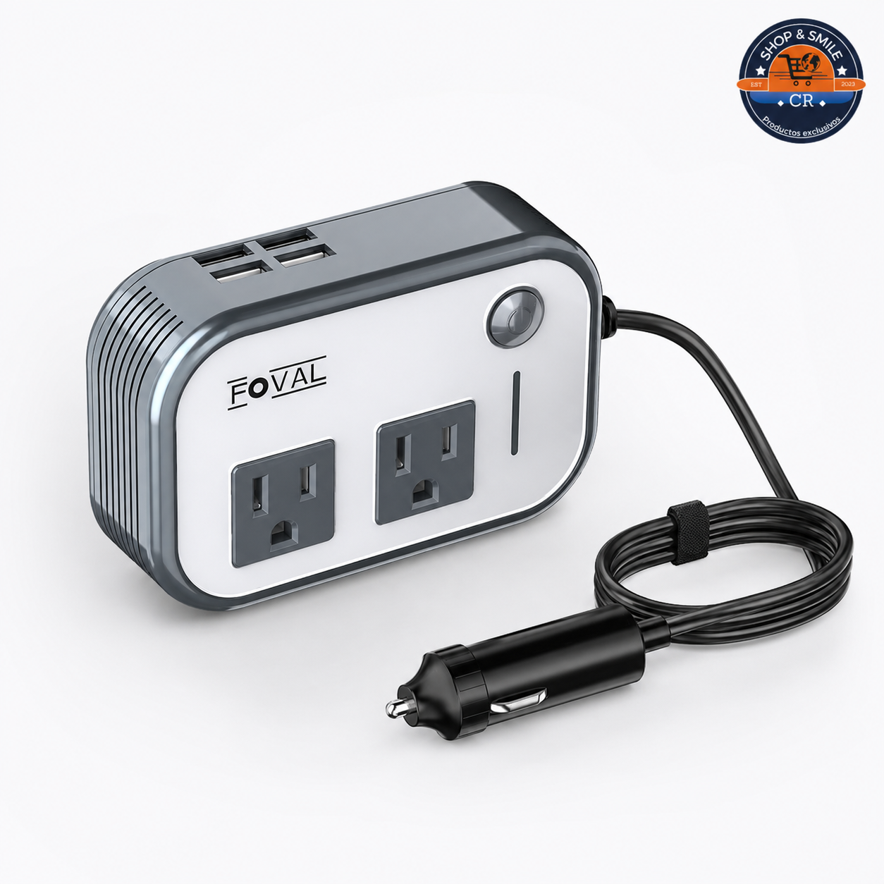 Inversor FOVAL de 200 W para vehículo con dos tomas de corriente, cuatro puertos USB, precio de 25000 colones y WhatsApp 72705831