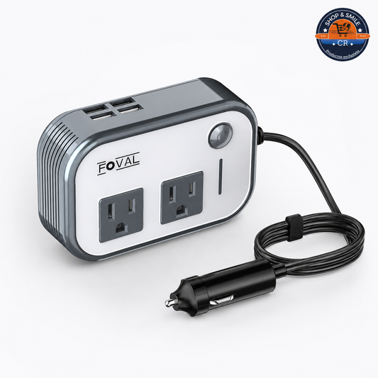Inversor FOVAL de 200 W para vehículo con dos tomas de corriente, cuatro puertos USB, precio de 25000 colones y WhatsApp 72705831