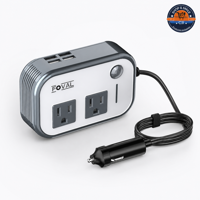 Inversor FOVAL de 200 W para vehículo con dos tomas de corriente, cuatro puertos USB, precio de 25000 colones y WhatsApp 72705831