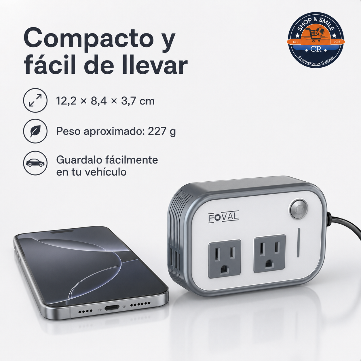 Inversor FOVAL de 200 W para conectar hasta seis dispositivos mediante tomas CA y puertos USB A