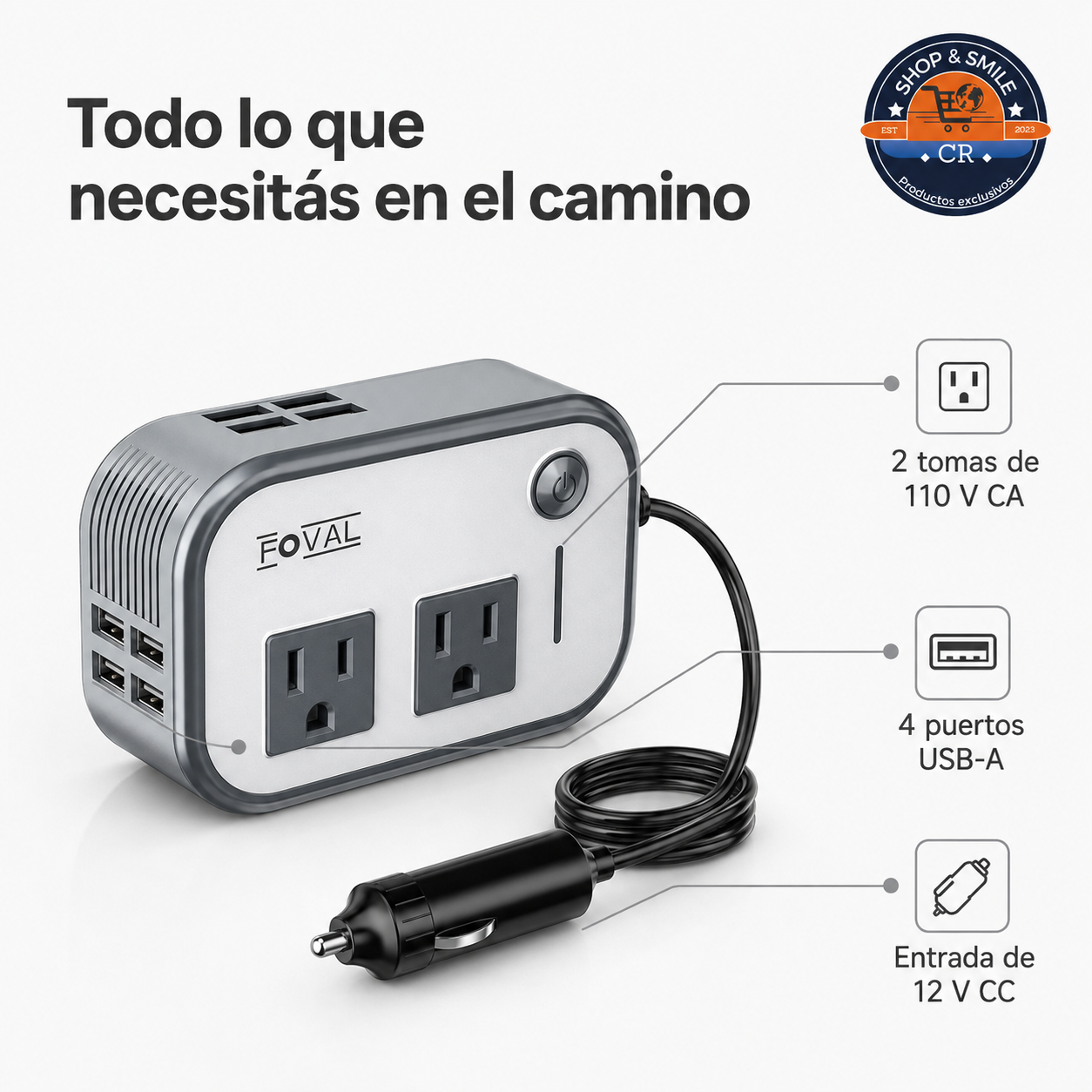 Inversor FOVAL compacto con dimensiones aproximadas de 12,2 por 8,4 por 3,7 centímetros