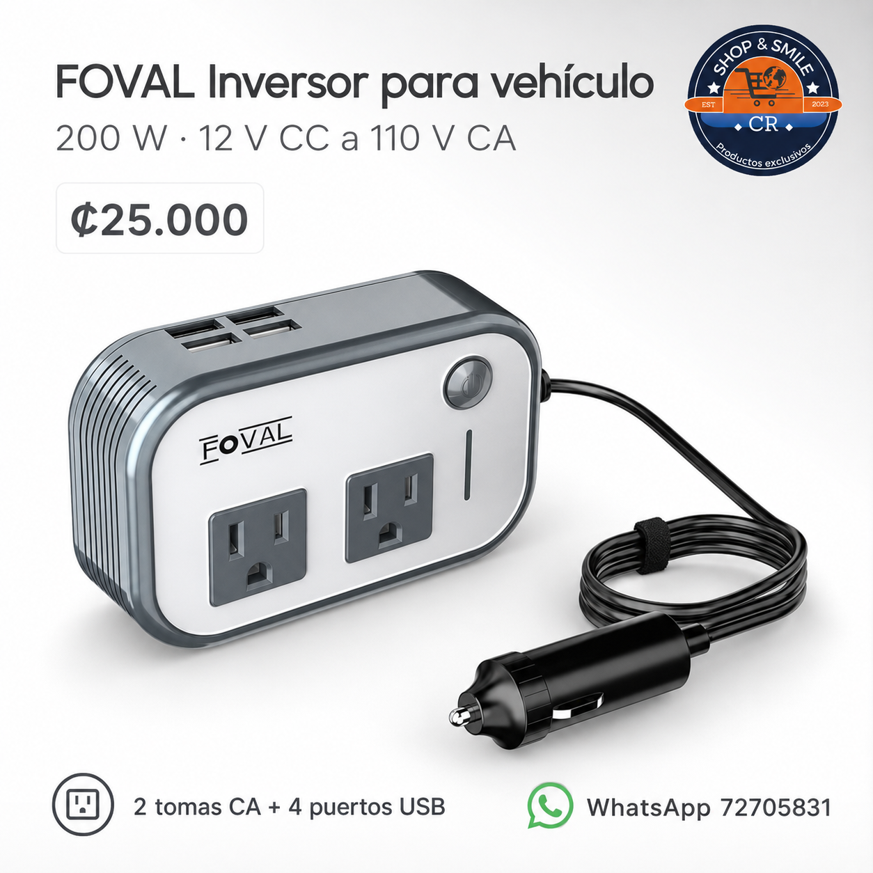 Inversor FOVAL con dos tomas de 110 V CA, cuatro puertos USB A y conexión de 12 V para vehículo