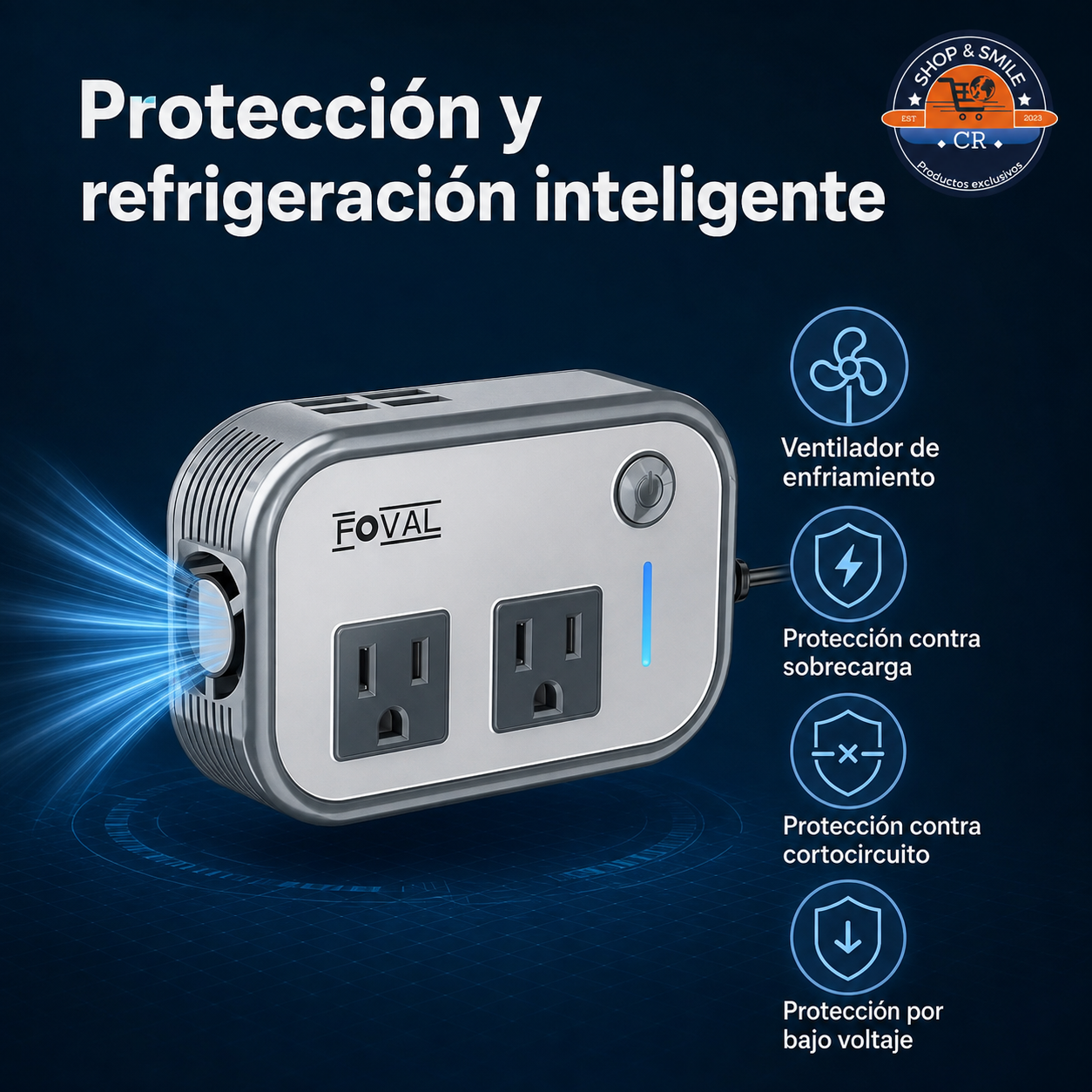 Inversor FOVAL para cargar dispositivos compatibles durante viajes en vehículo y actividades de camping