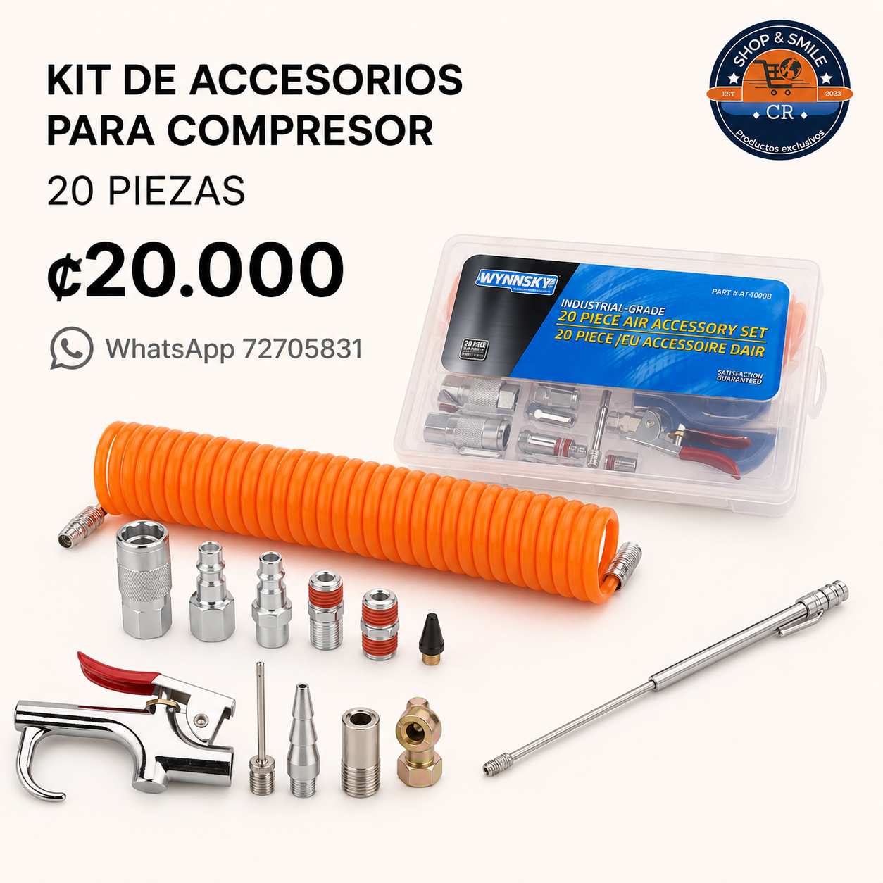 Kit WYNNsky de 20 accesorios para compresor con manguera retráctil, pistola de aire y estuche, Costa Rica
