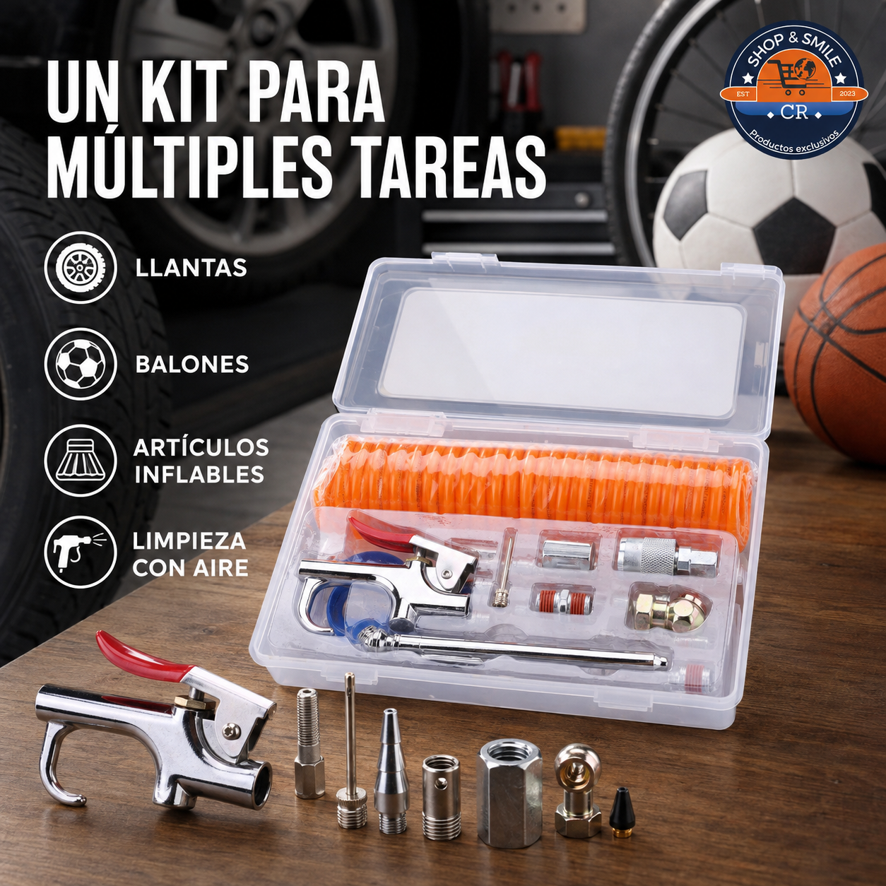 Kit de accesorios para compresor recomendado para llantas, balones, inflables y limpieza con aire