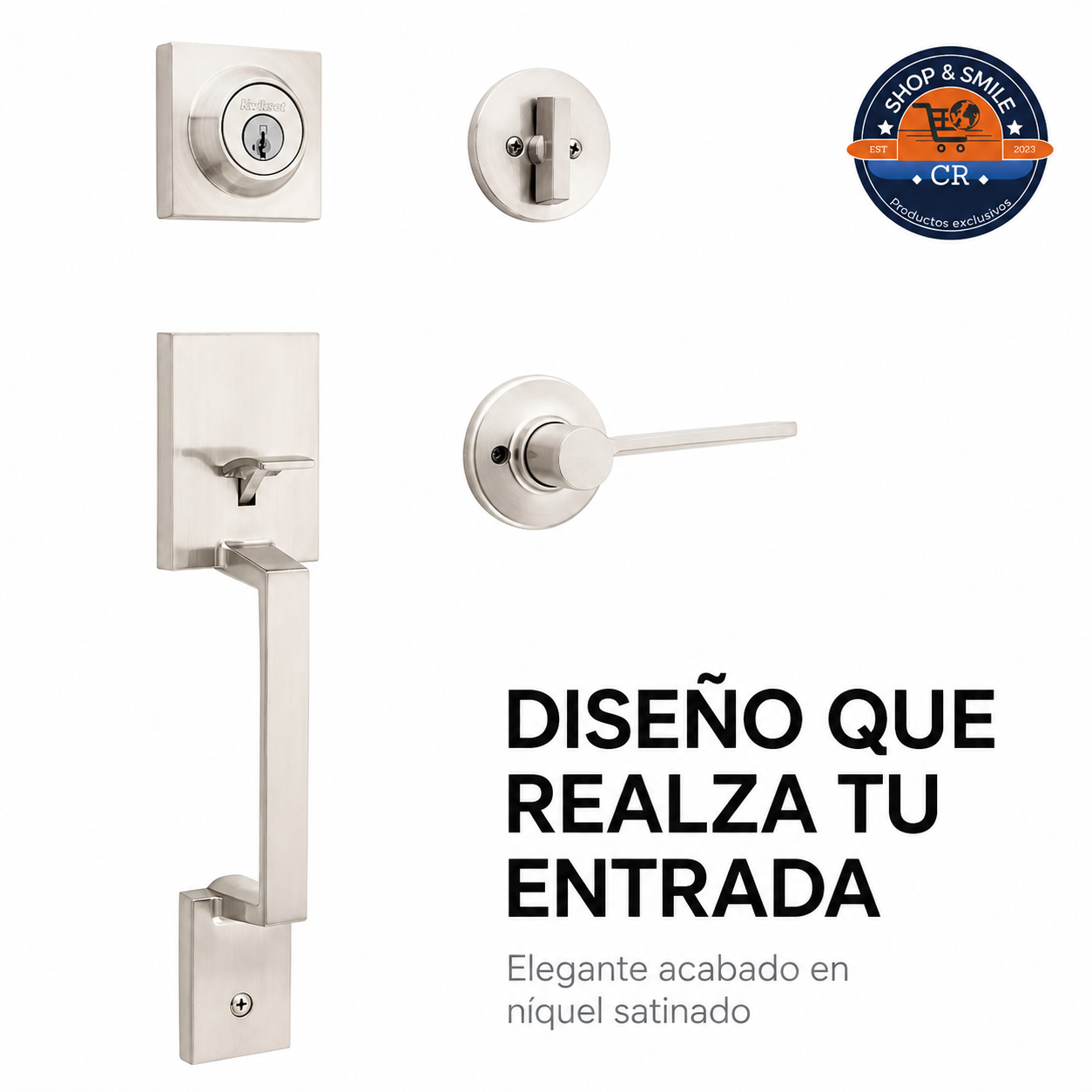 Juego de cerradura Kwikset Amador con diseño elegante y acabado en níquel satinado