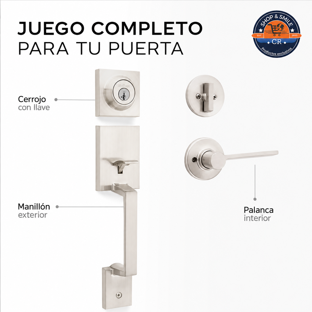 Juego completo Kwikset Amador con manillón exterior, palanca interior y cerrojo con llave