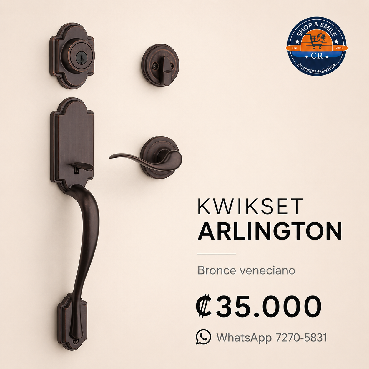 Juego de manija Kwikset Arlington con palanca Tustin, cerrojo SmartKey y acabado bronce veneciano, precio ₡35.000. Costa rica