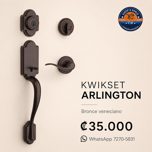 Juego de manija Kwikset Arlington con palanca Tustin, cerrojo SmartKey y acabado bronce veneciano, precio ₡35.000. Costa rica