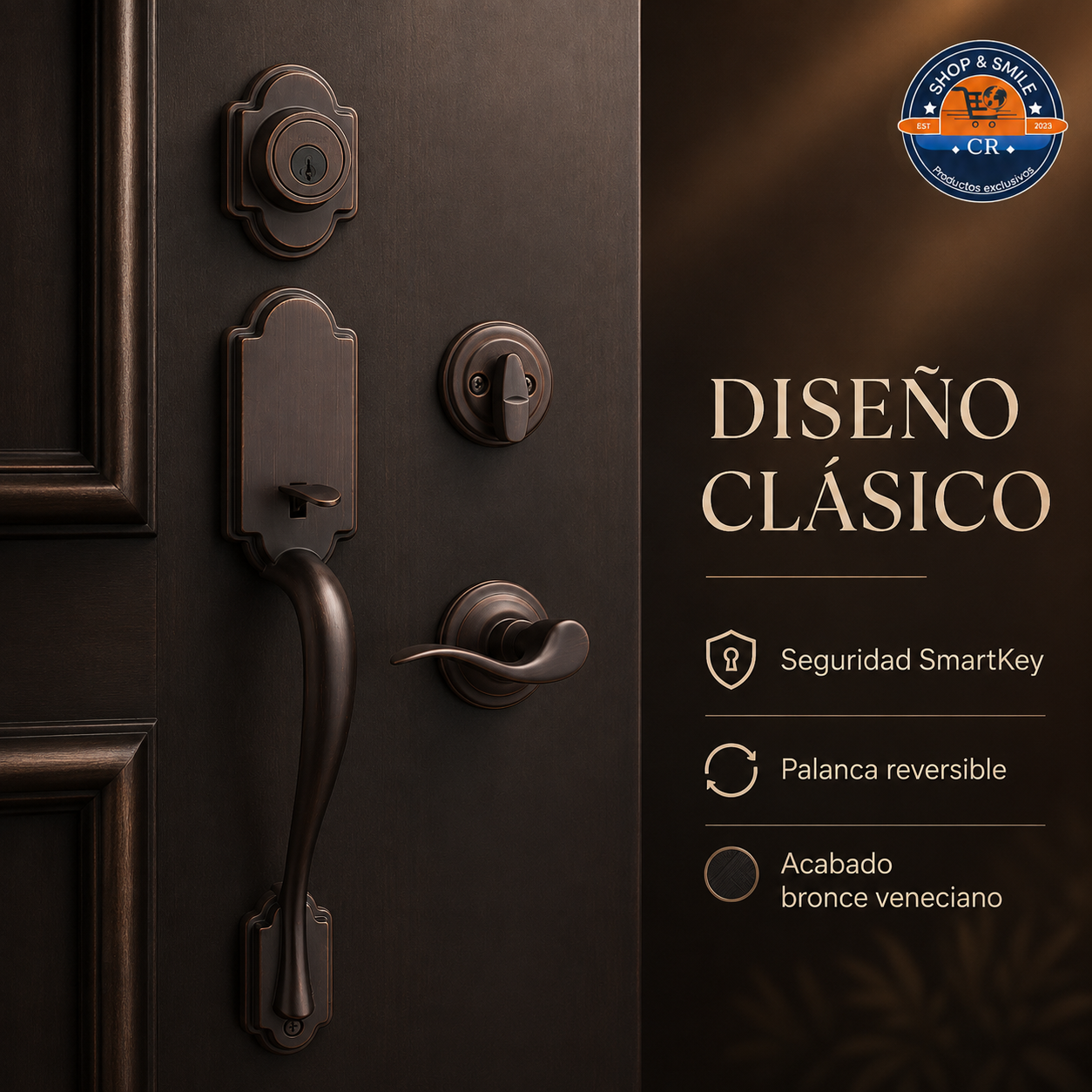 Juego completo Kwikset Arlington con seguridad SmartKey, palanca reversible y acabado bronce veneciano.
