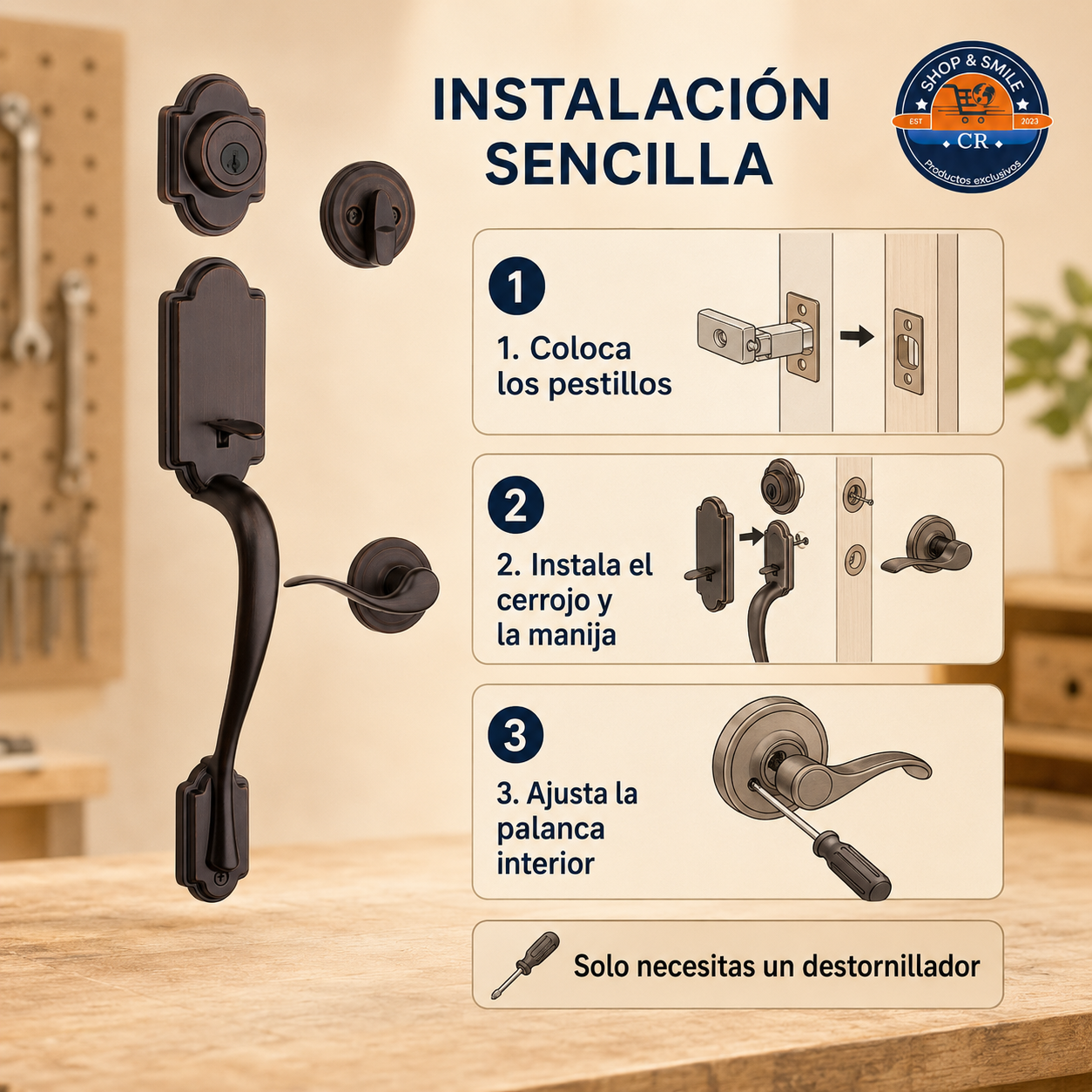 Pasos para instalar el cerrojo, la manija exterior y la palanca interior Kwikset Arlington.