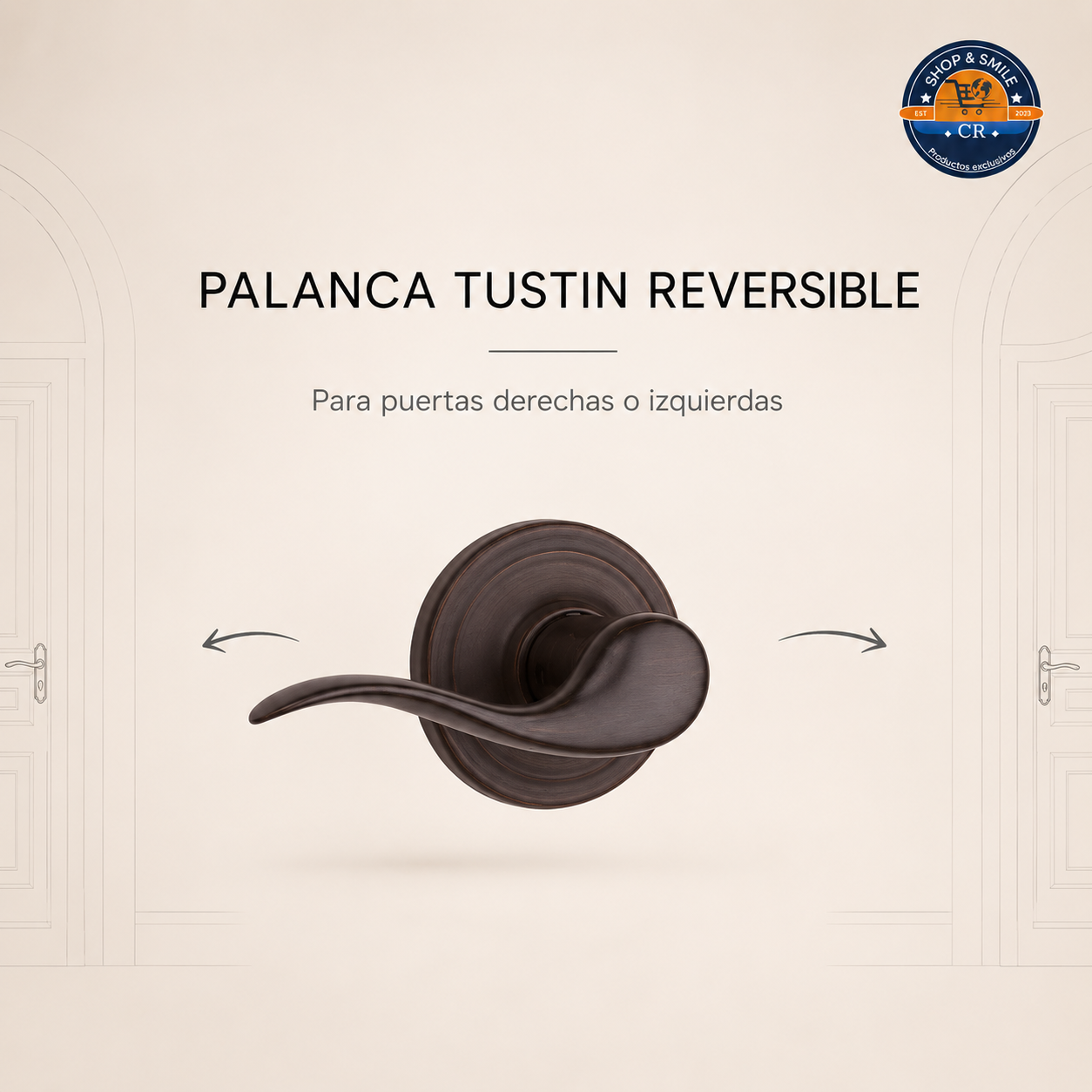 Palanca interior Tustin reversible en bronce veneciano para puertas derechas o izquierdas.