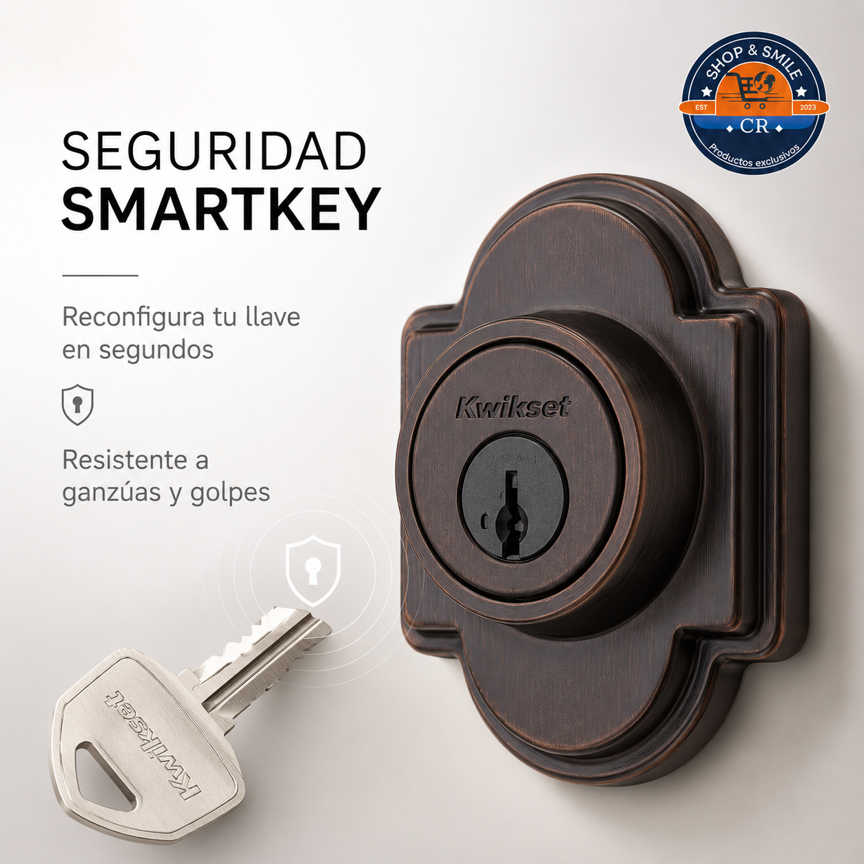 Cerrojo Kwikset Arlington con tecnología SmartKey resistente a ganzúas y golpes.