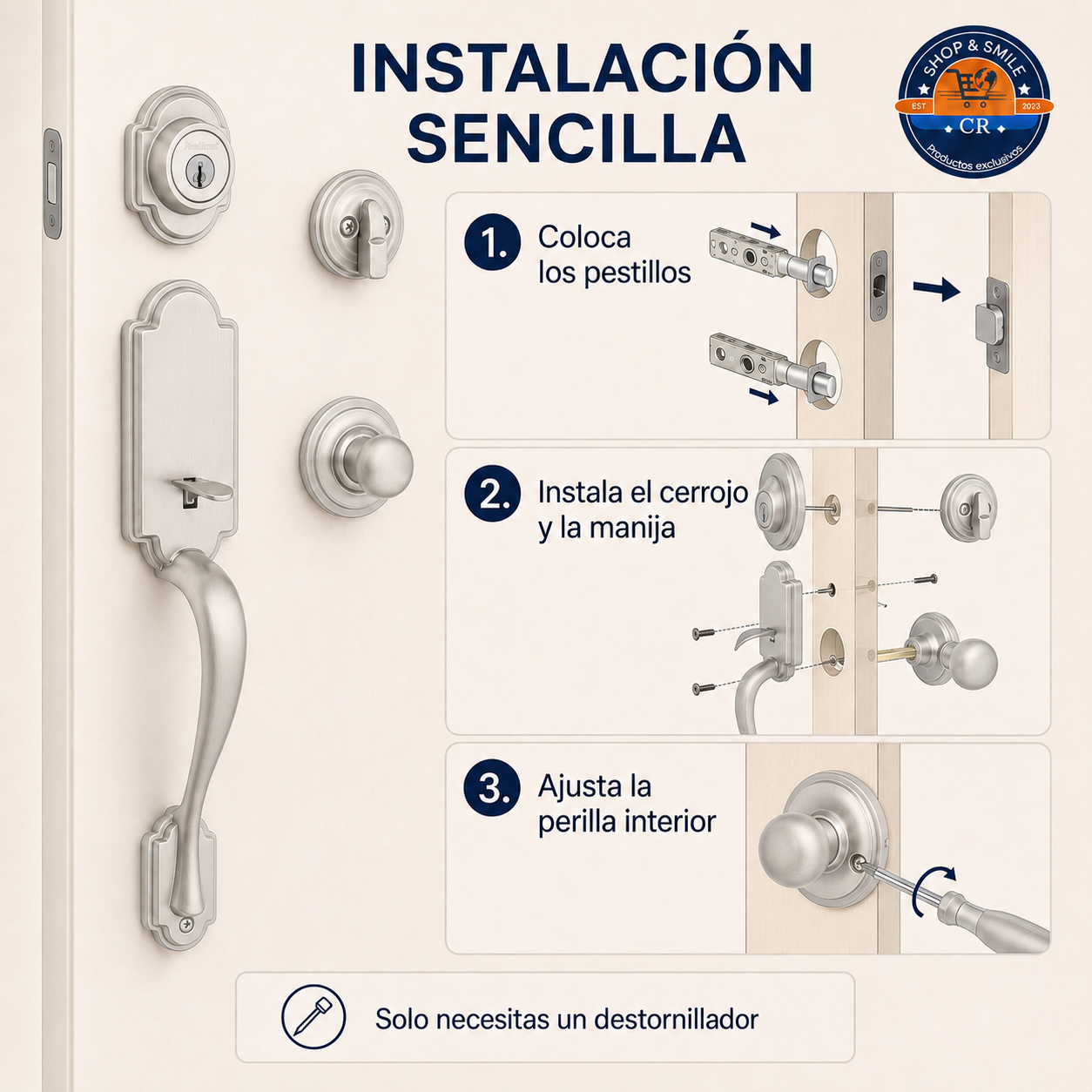 Juego completo Kwikset Dakota con pestillo ajustable, perilla Polo y compatibilidad para puertas derechas o izquierdas