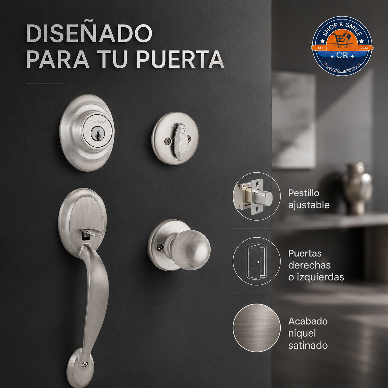Pasos para instalar el cerrojo, la manija exterior y la perilla interior Polo del Kwikset Dakota.