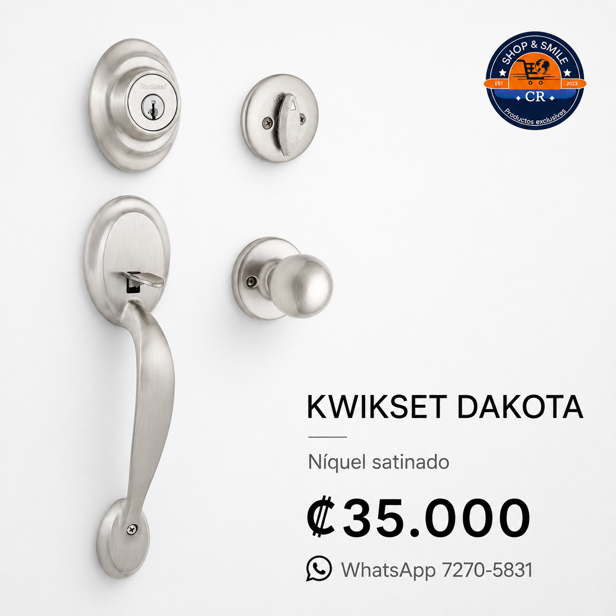 Kwikset Dakota con perilla Polo, cerrojo SmartKey y acabado níquel satinado, precio ₡35.000. Costa Rica
