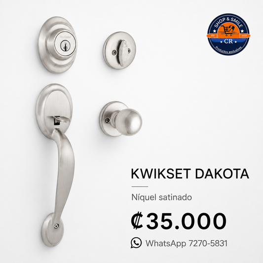 Kwikset Dakota con perilla Polo, cerrojo SmartKey y acabado níquel satinado, precio ₡35.000. Costa Rica