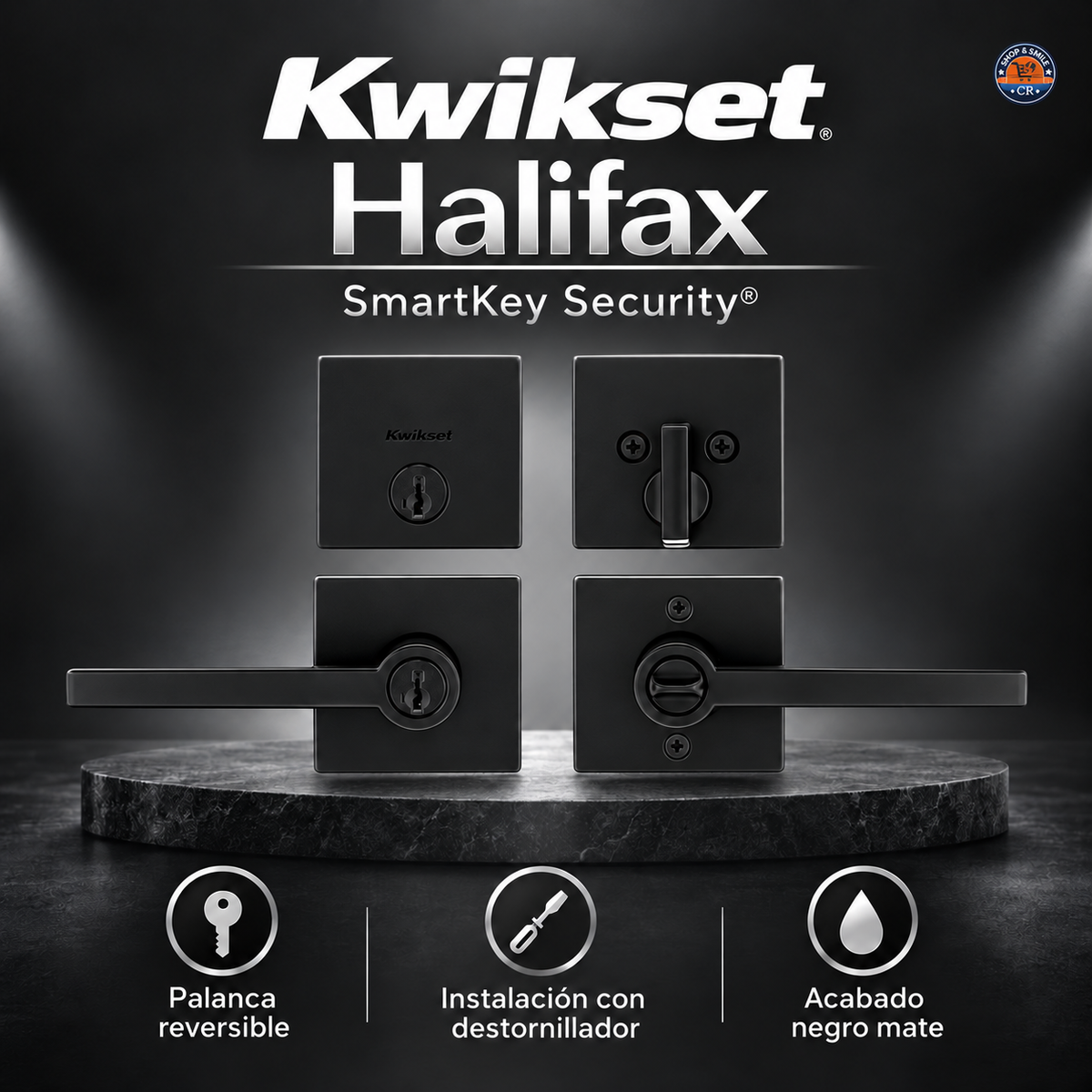 Combo Kwikset Halifax con palanca de entrada y cerrojo cuadrado en negro mate