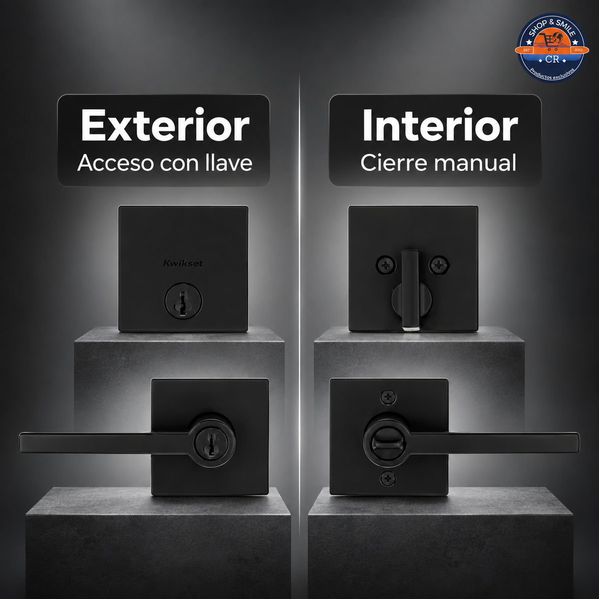 Kwikset Halifax negro mate instalado en una puerta de madera contemporánea