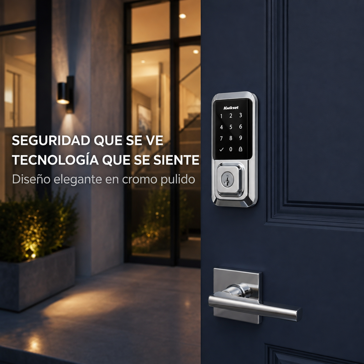 Cerradura Kwikset HALO en cromo pulido instalada en una puerta principal moderna