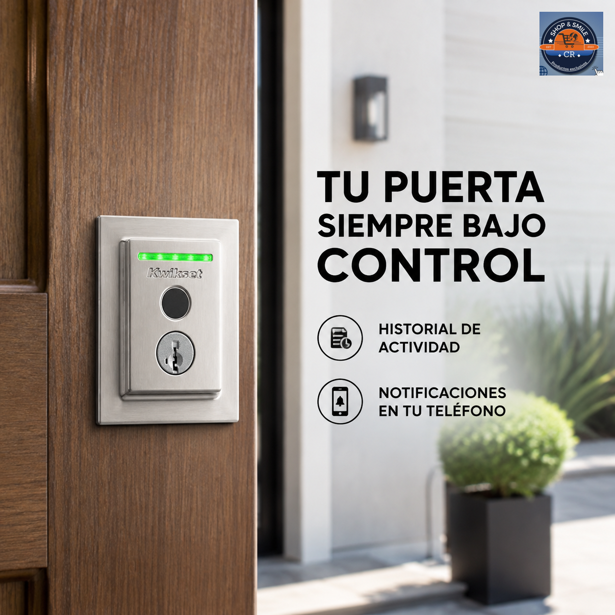 Cerradura Kwikset HALO Touch instalada en puerta principal con historial de actividad y notificaciones móviles